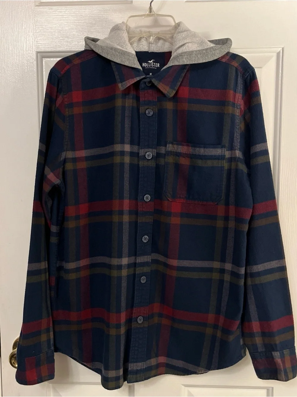 Hollister Hooded Button Up Shirt Jacket Men Navy Plaid Y2K Shacket Gray Hood Med